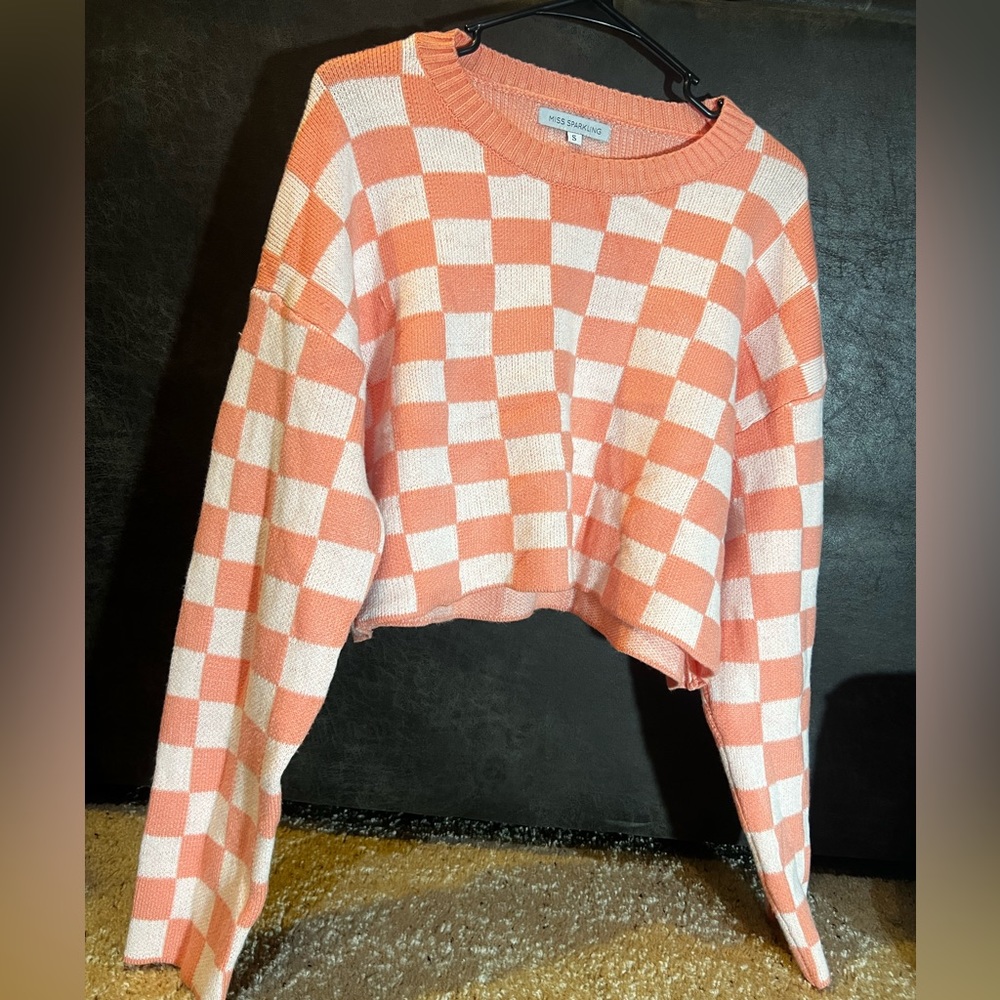 Miss Sparkling Cropped Checkered Sweater- Size S- Pink and White